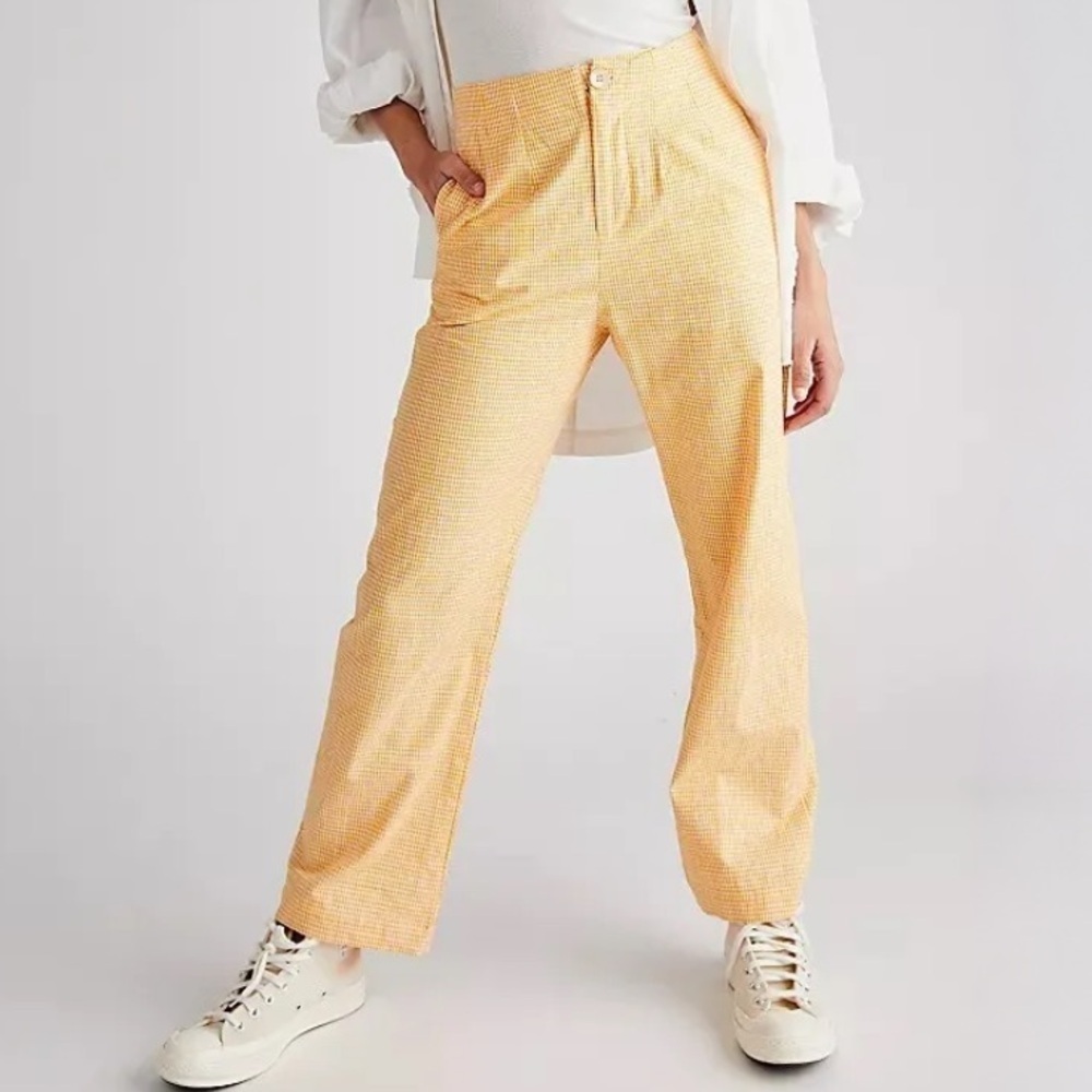NEW Free People Kate Gingham Straight Leg Pants Orange White